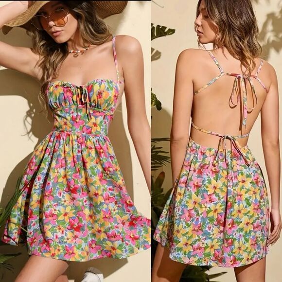 Women's Size Large Floreal Print Strappy Backless Ruffle Dress with Waist Tie - Picture 1 of 8